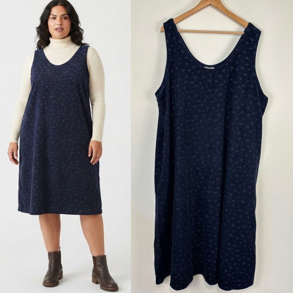 Vintage The Vermont Country Store Navy Floral Corduroy Jumper Dress 3X Pockets